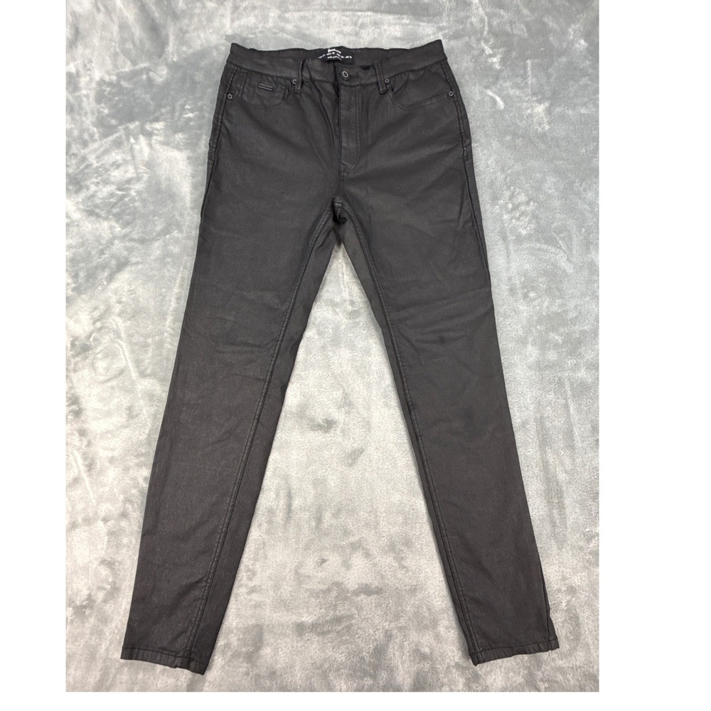 Stradivarius Black Coated Skinny Jeans Sz 10‎ Faux Leather Denim Mid Rise Biker